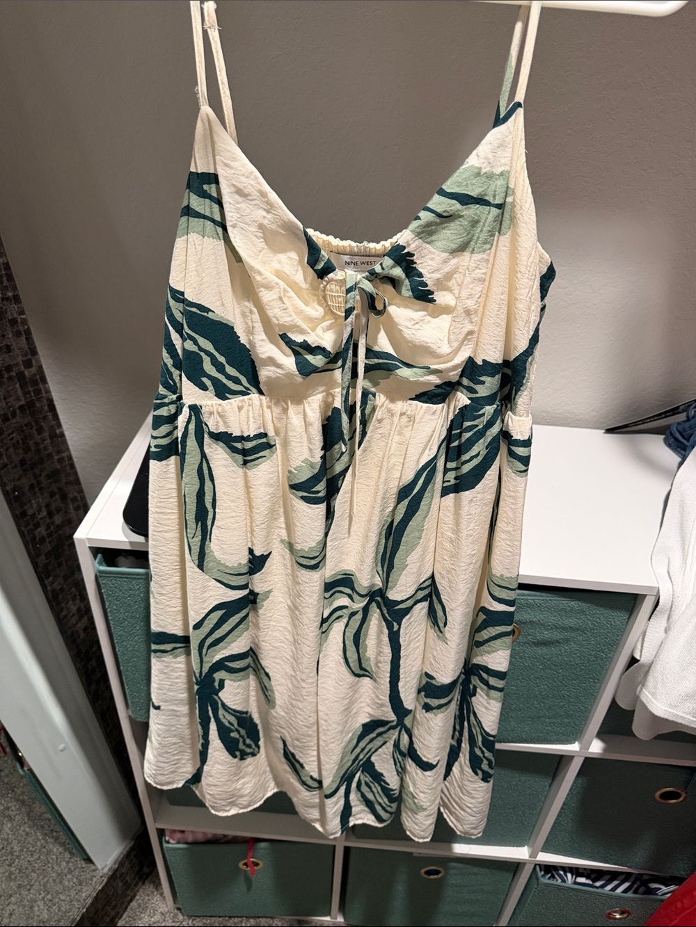 Nine West Cream Dress with Green Leaf Print